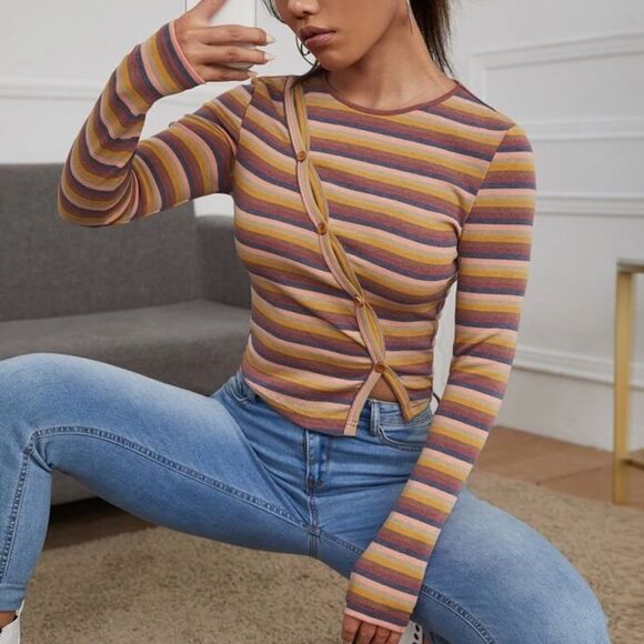 Striped Long Sleeve Cropped Top with Button Front Detail. NWOT- Never Worn - Picture 3 of 6